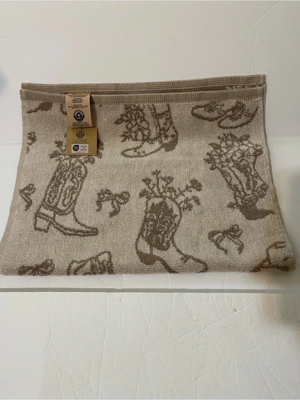 Wrangler 3 Cream/Brown Cowboy Boot, Bow & Flower Pattern Hand Towels - NWT **